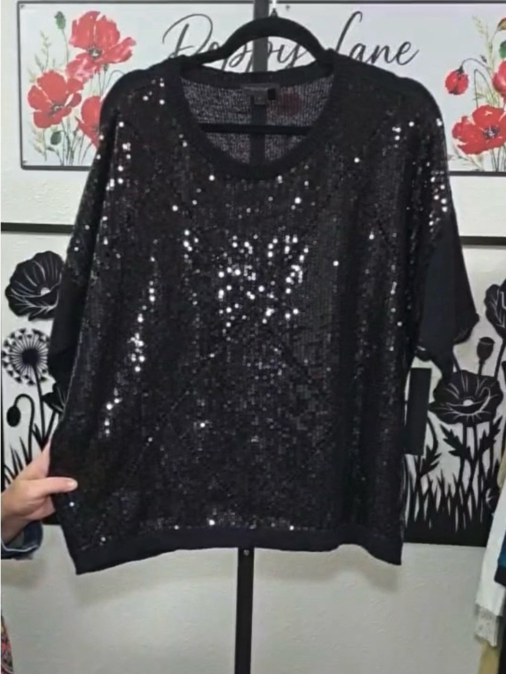 Donna Karan Black Sequin Short-Sleeve Sweatshirt/ statement piece